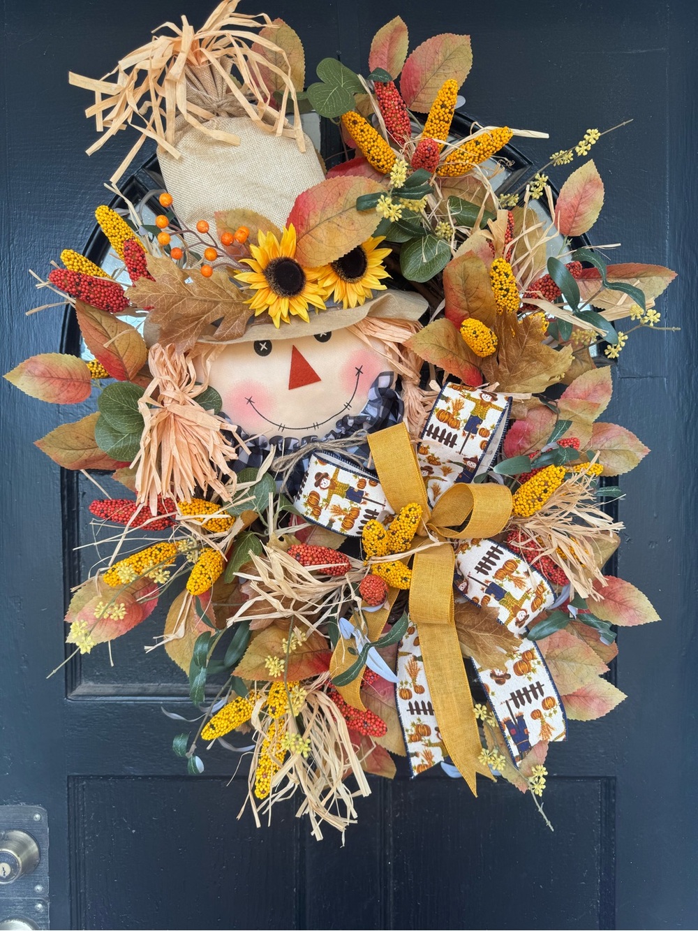 Autumn Sunflower Scarecrow Wreath - Fall Door Decor
